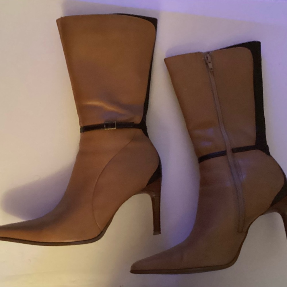 Naomi Womens camel & brown sleek mid calf  pointed toe boot 3.5” slender heel.